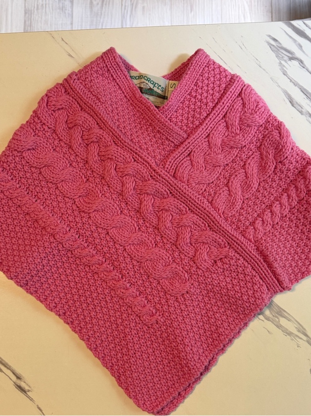 Aran Crafts Pink Cable Knit Girls' Poncho wool